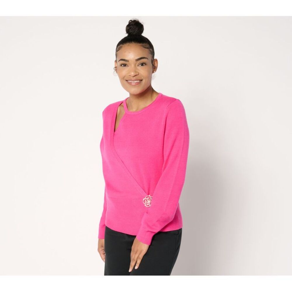 Mally Roncal Women's Top Plus Sz Sweater 4X Cut Out Rose Brooch Pink A671311